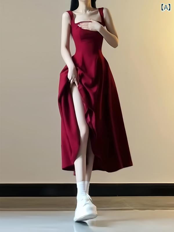 体型カバー きれいめ ワンピース ロング マキシ丈 夏の 女性用 赤い サスペンダー ドレス フランス 風の 婚約 トースト ウエストが 細く 見える ロング スカート