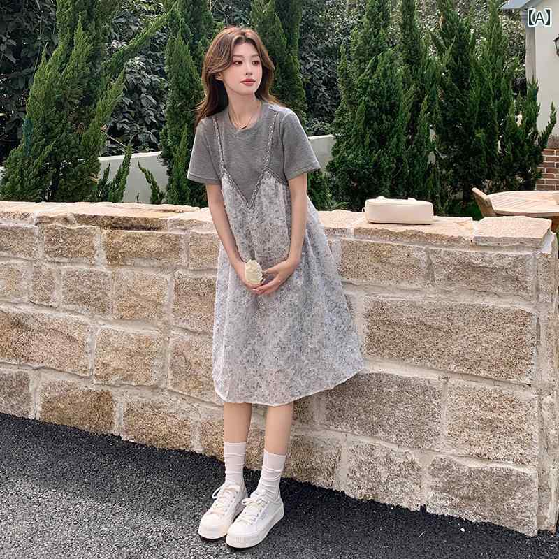 体型カバー きれいめ レディース ワンピース かわいい 女性用 フェイク ツーピース ドレス 2025夏 韓国 ゆったり レース スプライシング カジュアル スカート｜バランスケア　店