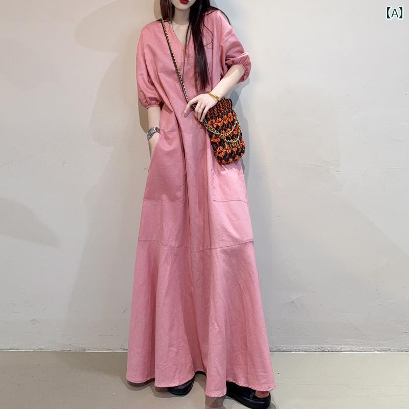 体型カバー きれいめ ワンピース ロングワンピース マキシワンピース 背の 高さ プラス 丈の シンプル ゆったり 大きめ サイズ リネン ドレス 2025夏の カジュアル 万能 ロング スカート｜バランスケア　店