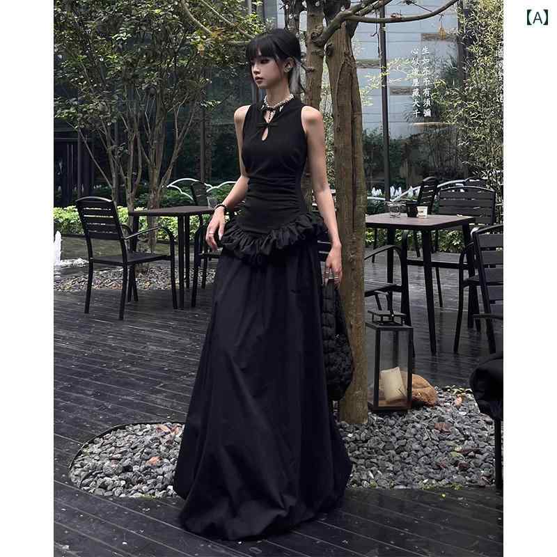 体型カバー きれいめ ワンピース ロングワンピース マキシワンピース 中国 チャイナ ドレス ユニークな ホルターネック レディース 夏の 黒の ふくらんだ スカート ハイエンドの スリム ロング｜バランスケア　店