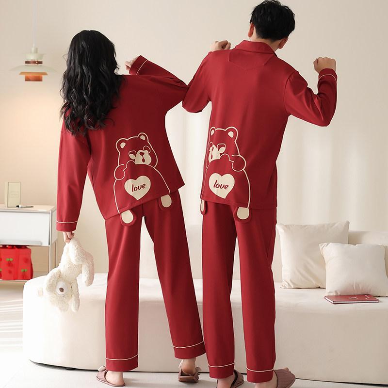 パジャマセット 新婚 カップル 用 純綿 長袖 春秋 ワインレッド クマ柄 かわいい ルームウェア ホームファッション くつろぎ着 ベッドルーム 着 コットン素材 快適 寝間着