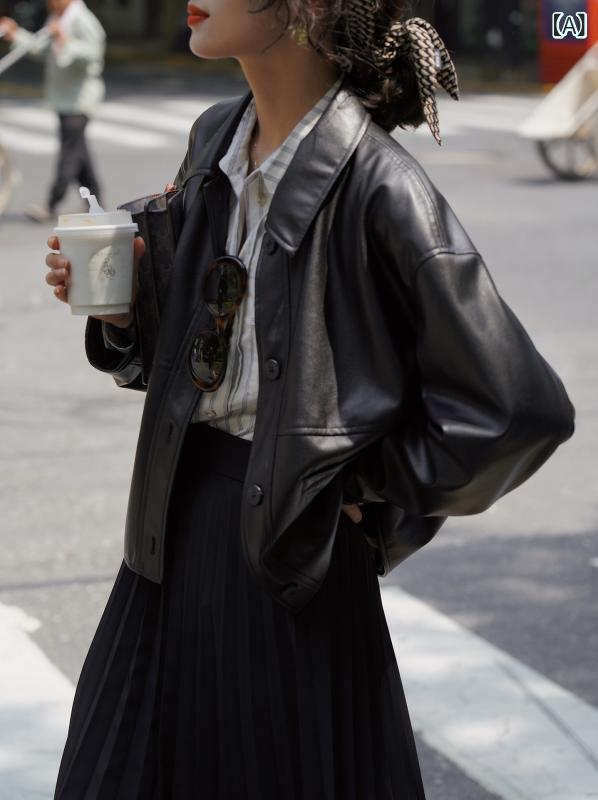 レディース ジャケット きれいめ カジュア フランスの レトロ 黒い 皮の 服の レディース ゆったりした 短い タイプの 小さい 背の 革 ジャケット レディース 春秋 2025|バランスケア 店