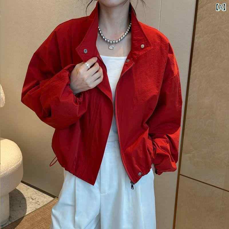 レディース ジャケット きれいめ カジュア 【 店頭】製 スタンドカラー レッド ジャケット レディース 2025 春夏 韓国 万能 カジュアル ジャケット