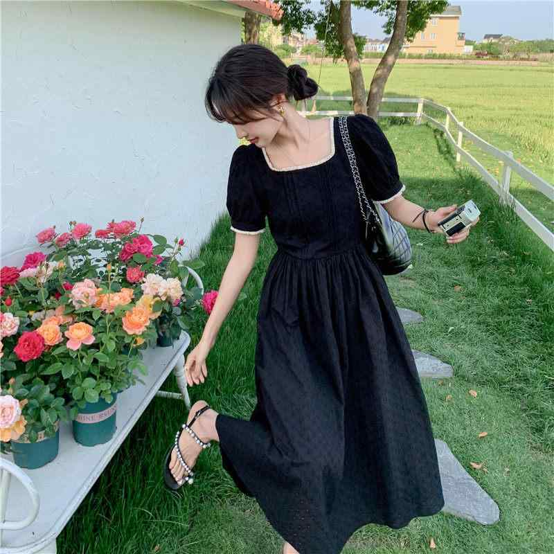 衣装 レディース 黒いこと 夏 フレンチ レトロ 真四角素っ首 ペティート 韓国風 口さかしい 影ぼうし 可愛らしい 普段使い走り 伸縮性 原材料