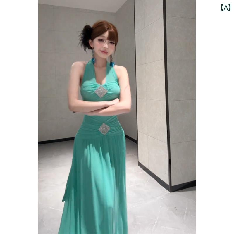 体型カバー きれいめ ワンピース ロングワンピース マキシワンピース 女性用 フレンチ グリーンの ラインストーン スタッズ ホルター ドレス 美しい サマー 海辺の 休暇 メッシュ ロング｜バランスケア　店