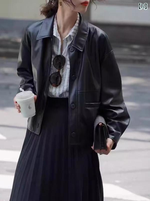 レディース ジャケット きれいめ カジュア 白 画 フランスの レトロ 黒い 皮の 服の レディース ゆったりした 短い 小さい 背の 革 ジャケット 女性