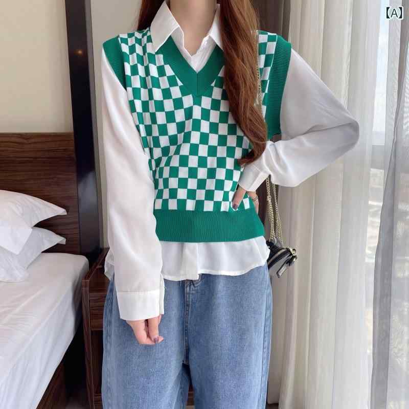 レディース ベスト ジレ 重ね着風 ドッキング 襟付き トップス ロングシャツ 韓国 色 合わせの 格子の 短い 袖なしの v ネックの ニットの 馬 甲の レディース 新型の 修身は やせています。