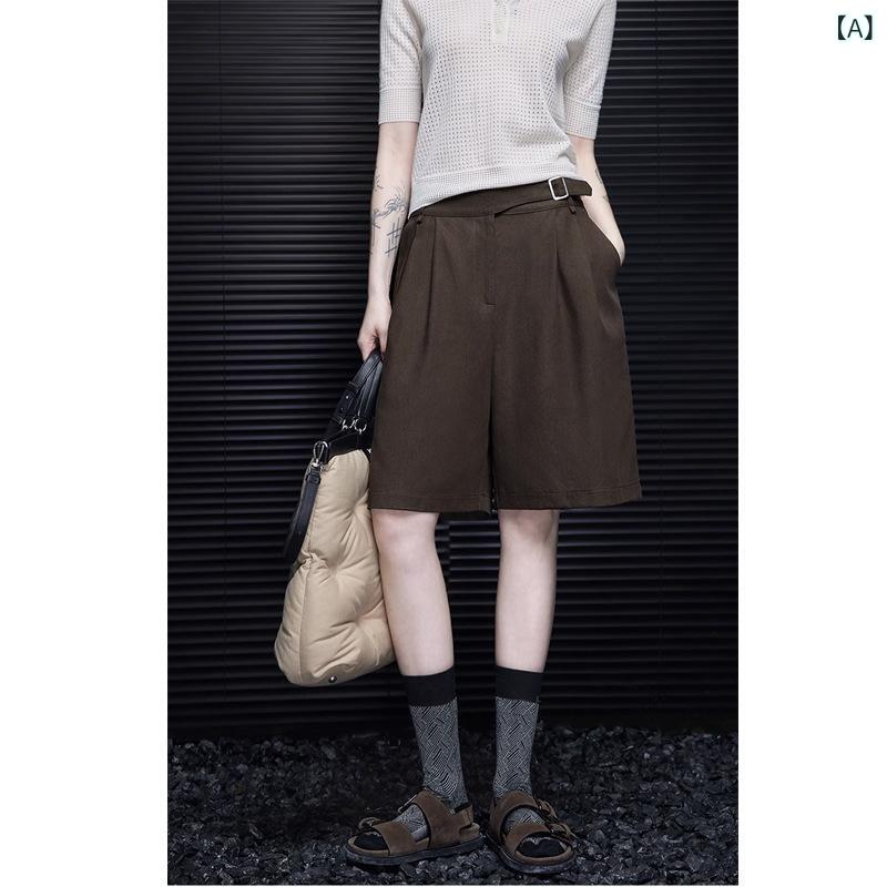 レディース ショートパンツ フェイクレザー 合皮 ウエストゴム ブラウン カジュアル クォーター パンツ ショーツ 女性用 2025 春 シンプル ハイエンド 和風