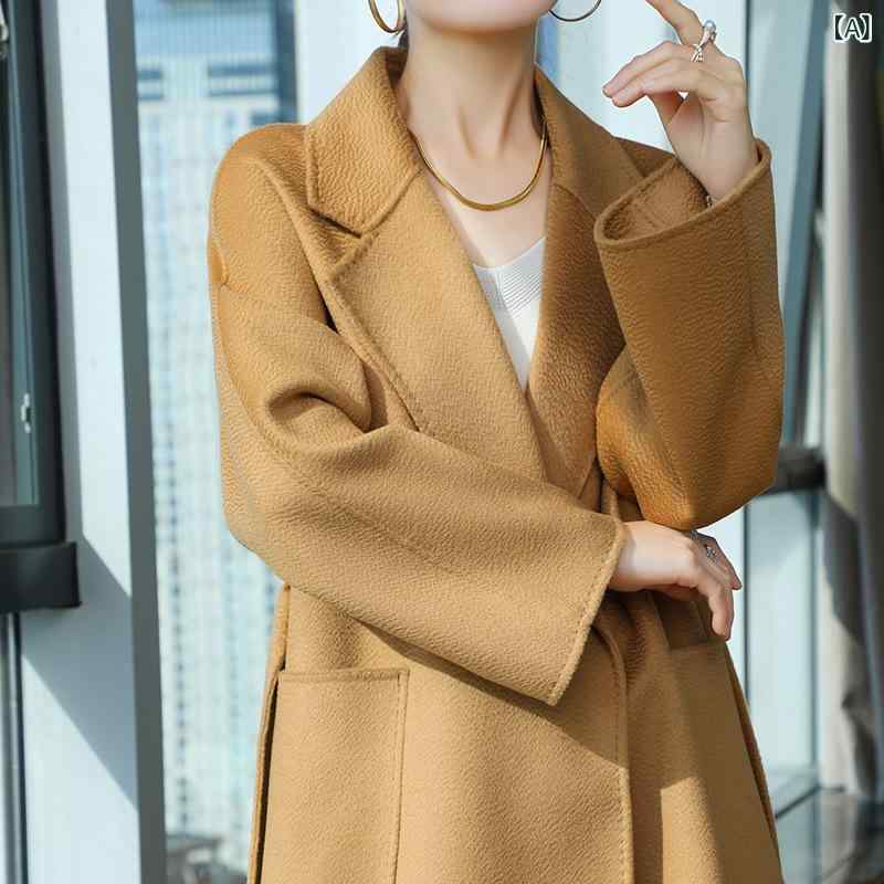 レディース チェスターコート エレガント 女性 大人 上品 水の 波紋の 両面の カシミヤの コートの レディース 2024 秋冬型のの 中で 長い タイプの バスローブの 項の な ウール コート