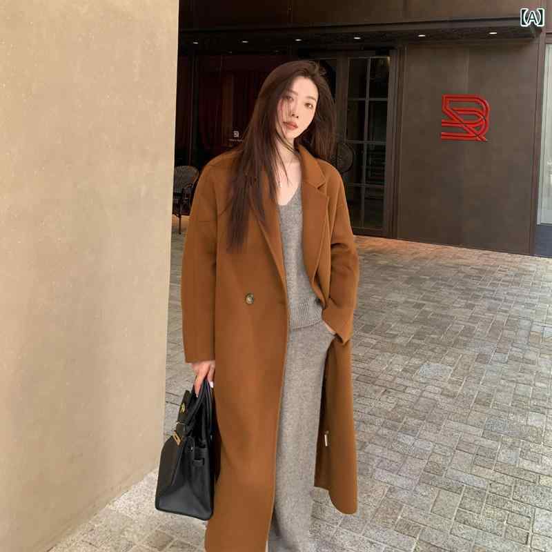 レディース チェスターコート エレガント 女性 大人 上品 秋冬型の 両面は カシミヤの コートの レディース中で 長い タイプの スーツ 襟の ハイエンド 韓国 膝の ウール ラシャの コートです。