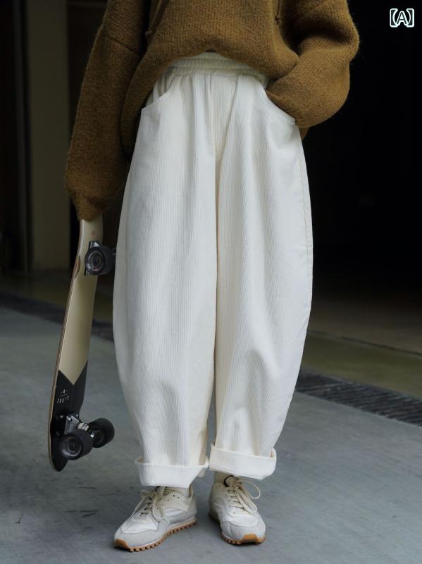 プリーツ ワイドパンツ ニット リラックス ロングパンツ レディース Xumanの 和風 スタイル カーブ コーデュロイ カジュアル パンツ ワイド レッグ 弾性 ウエスト スリミング パンツ 女性用x2