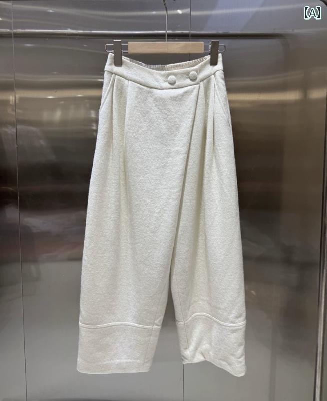 プリーツ ワイドパンツ ニット リラックス ロングパンツ レディース 秋冬型の 斜め ボタンの 筋の 羊の 毛の ズボンの シンプル 復古の 文芸の 百合の カジュアル ゆったりしている の 広い 足の ズボンの 女性x2