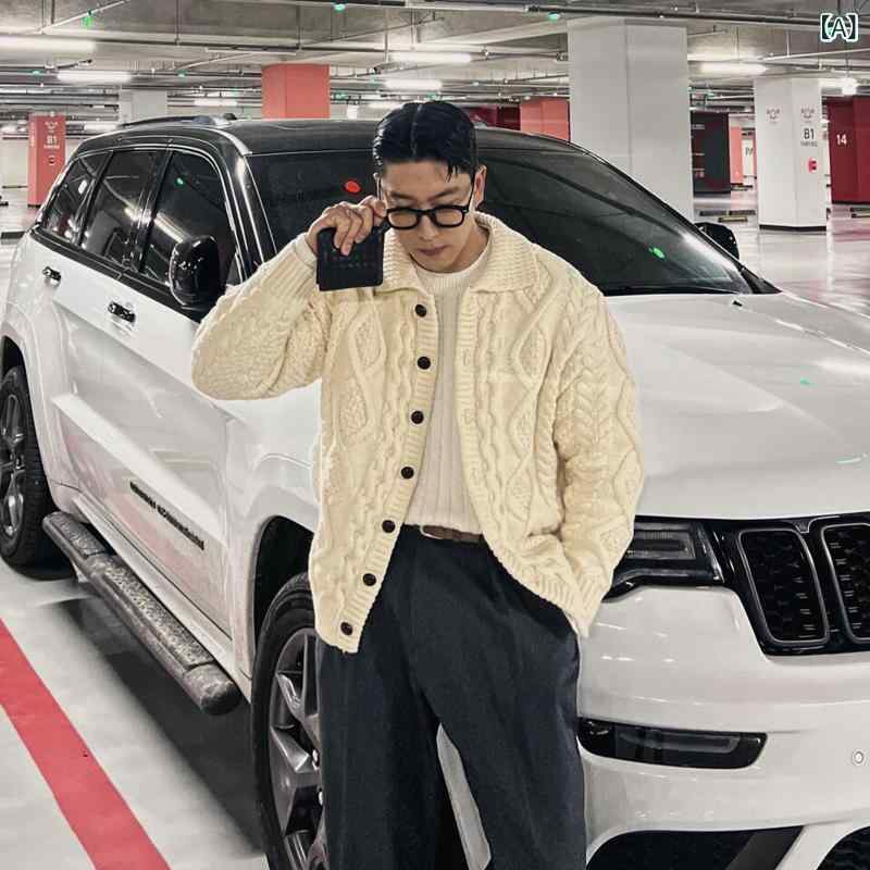 ロング カーディガン 厚手 ざっくり ニット ケーブル編み Polo 襟 麻 花 ニットカーディガン 男性 春秋 韓国 カジュアル 風 編み セーター コート
