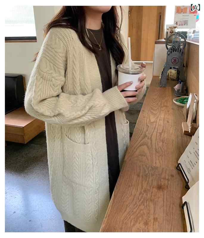 ロング ジレー 朦朦たる ざっくり 編み物 有線テレビ編み レトロ 麻の 花の スウェーターの 厚地の外套の レディース 秋冬型の ジレーは ゆったりしています。x2 トップス-レディースファッション-カーディガン・ボレロ