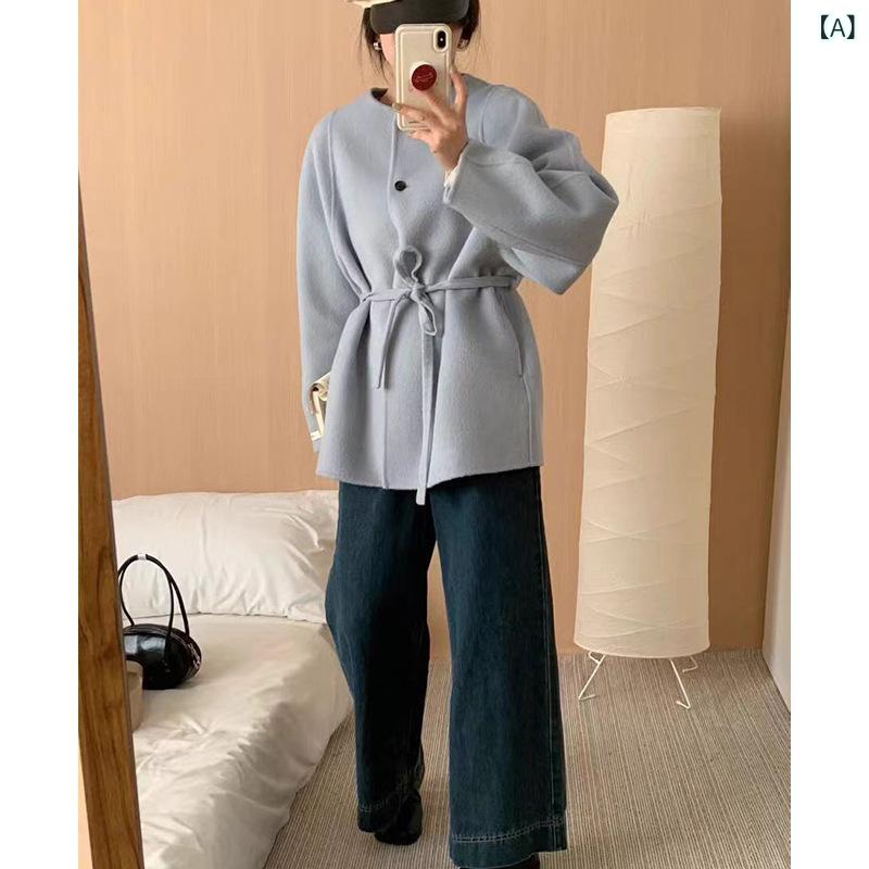 レディース チェスターコート エレガント 女性 大人 上品 高級 ? 糸の 綿毛の コートの 女性 2024 秋冬型の 丸 襟の ひもの 両面の ラシャの コートの ファッションの りx2