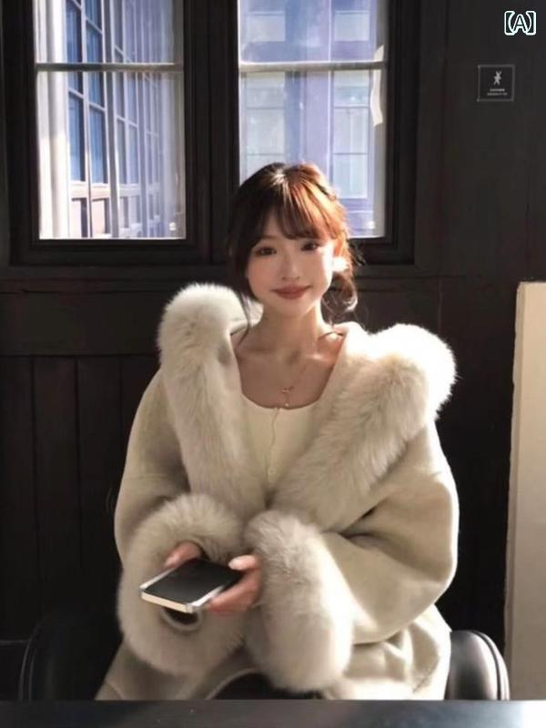 レディース チェスターコート エレガント 女性 大人 上品 冬 気品が 高さです。の 千 金は 狐の 毛の 襟と 帽子の ウール コートの 女性を まねます。