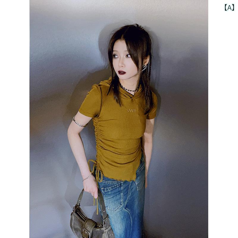 レディース 半袖 リブニット 無地 シンプル おしゃれ 上品  婦人服 90 s レトロ フード付き ねじ 弾力 ニット 生地 半袖 t シャツx2
