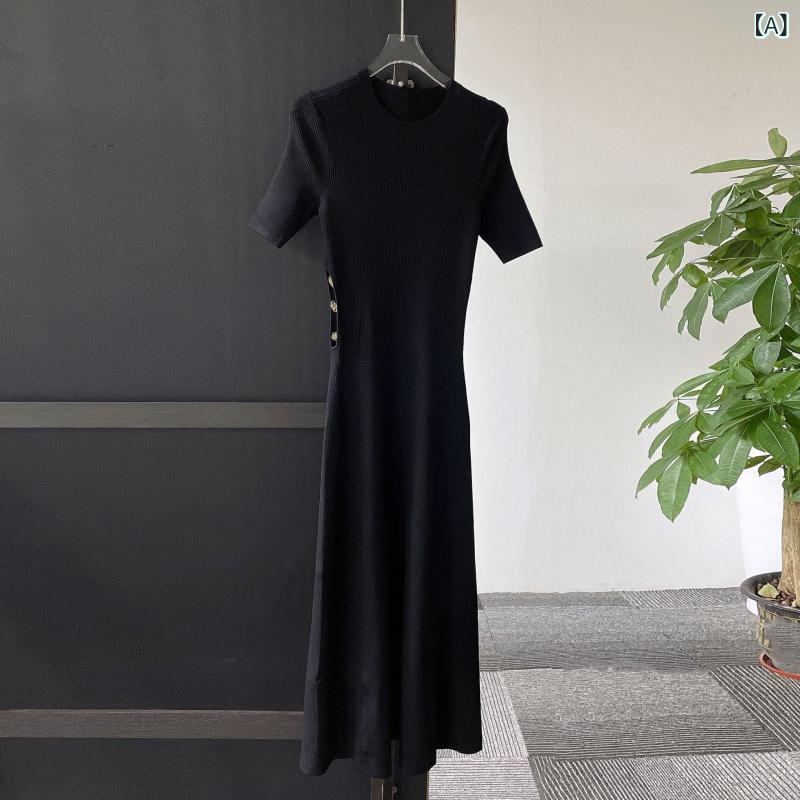 レディース 半袖 リブニット 無地 シンプル おしゃれ 上品 フランス m 家 春夏 商品 魅惑的 露 腰 透かし 丸 首 半袖 リブニット ワンピース中 ロング スカートx2