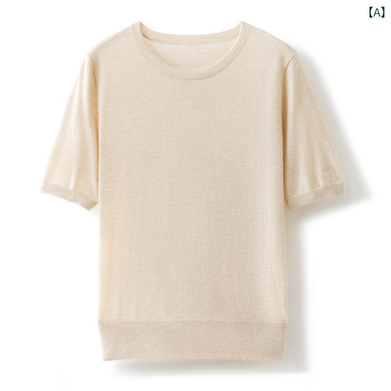 レディース 半袖 リブニット 無地 分かりやすい 今めかしい 窈窕たる 春夏 精 紡 薄 100 % カシミール 半袖 t プルオーバー 成人女性 丸 襟 流行り物 編み物 出どころの 厚地の外套