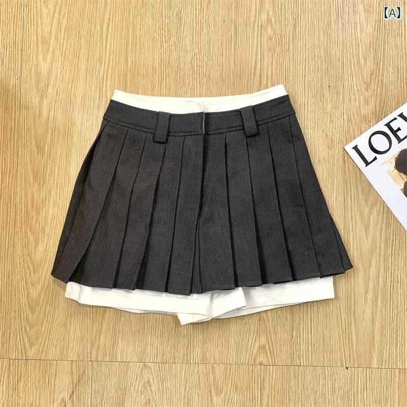 レディース セミフレアパンツ 大人 上品 エレガント 現物 k 学院の 少女の フェイクの 2つの スカートの ズボンの 雑 灰の スーツ タックの 2 層の 半身の スカートの ショート タイプの 高級 感の 女性x2｜バランスケア　店