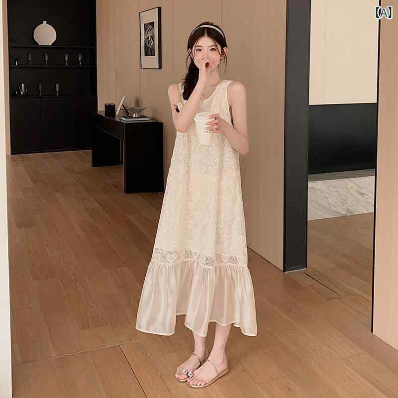 ワンピース 夏 ノースリーブ きれいめ ロング レディース 実際に 米の 白い ノースリーブの ワンピースの 女性 2025 夏の 新型の フランス 式の 美しい ネットの 紗は ベストの 長い スカートを つなぎ合わせます。