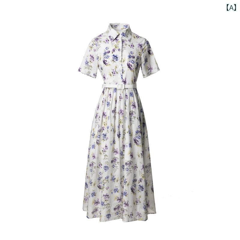 花柄ワンピース レディース 秋冬 長袖 小花柄 きれいめ シフォン 春夏 D 家 二 色 展開 直 噴 ローズプリント 襟 付き コットンワンピース 新中 式 風 花柄