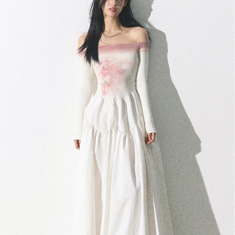 花柄ワンピース レディース 秋冬 長袖 小花柄 きれいめ シフォン 薄 霧の 京都 ワンショルダー グラデーション フラワー ワンピース レディース 秋チャン キー ステッチ ロング スカート エアリー フィット
