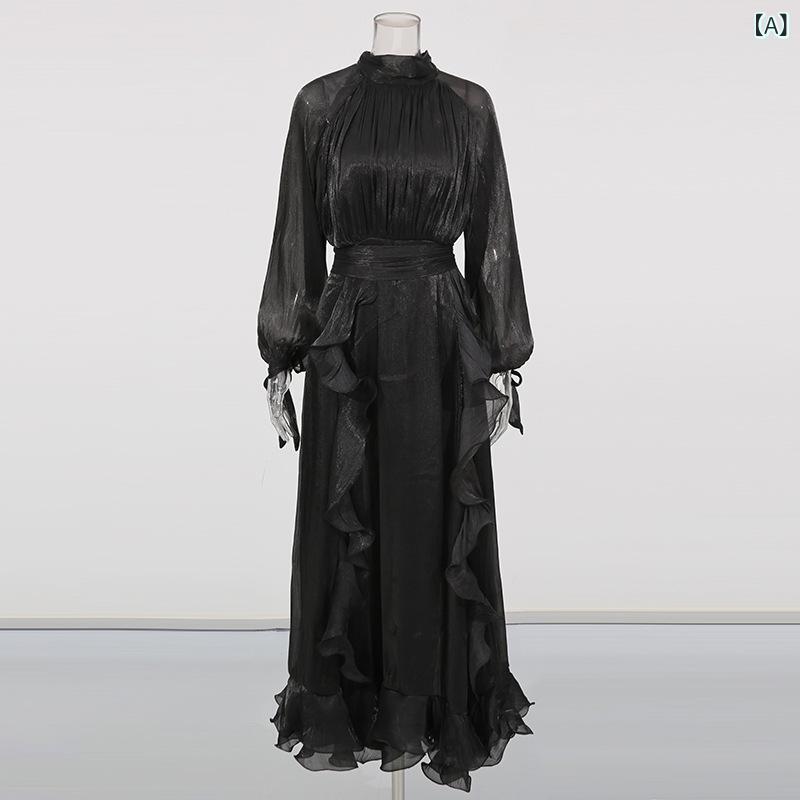 花柄衣装 レディース 秋冬 長袖 小花柄 好いたらしいめ シフォン フレンチ レトロ 雅びやかな ロング スコート 2025 流行り物 提灯 捩り フラウンス ソリッドカラー お召しもの レディース 夏