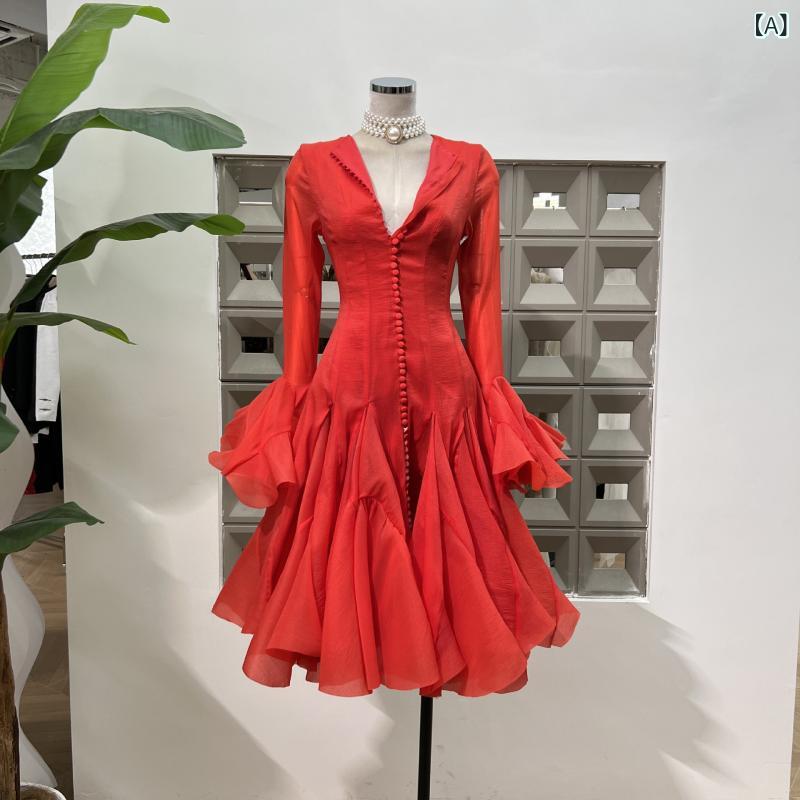 花柄ワンピース レディース 秋冬 長袖 小花柄 きれいめ シフォン の 小さい 赤い 花びらの ラッパの 長袖の ボタンの v ネックの 中の 長い ワンピースの 大人 贈り物の アンドロメダの ドレス