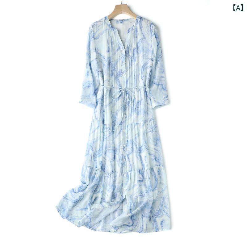 花柄ワンピース レディース 秋冬 長袖 小花柄 きれいめ シフォン 【 返品 可】 美しい フェアリー 6 A グレード シルク ジョーゼット Vネック ドレス 水彩 プリント レースアップ ロング スカート|バランスケア 店