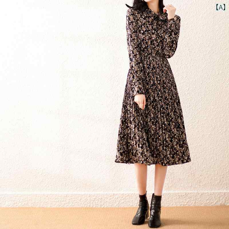 花柄ワンピース レディース 秋冬 長袖 小花柄 きれいめ シフォン 2025 春秋 レトロ 韓国 ファッション ハイウエスト ウエストシェイプ エレガント 通勤 シフォン 花柄 ワンピース レディース