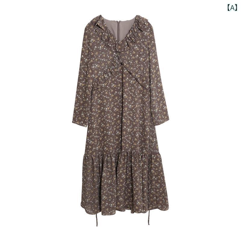 花柄ワンピース レディース 秋冬 長袖 小花柄 きれいめ シフォン 夢 DT ETOLIE ハスの 葉の 縁の v ネックの 花の ワンピースの 長い 型の 2024 春の ゆったりした 長袖の フランスの スカートx2