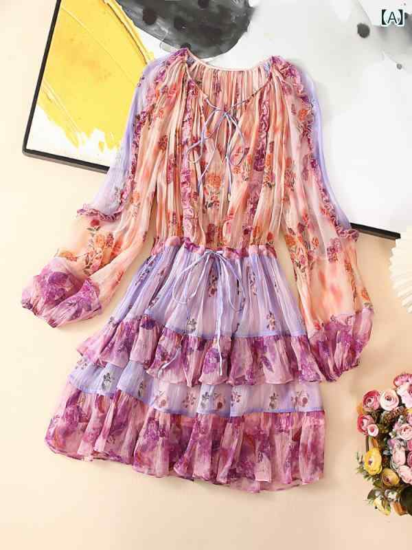 花柄ワンピース レディース 秋冬 長袖 小花柄 きれいめ シフォン 風の シルクの 花の v ネックの ワンピースの レディース 高級 感の 長袖は 腰を 収めて 痩せています。｜バランスケア　店