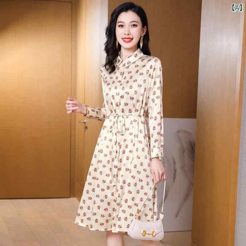 花柄ワンピース レディース 秋冬 長袖 小花柄 きれいめ シフォン 【 クロスボーダー】 重 ポンド シルクワンピース 女性 長袖 2025 春 ミディアム シルクプリント
