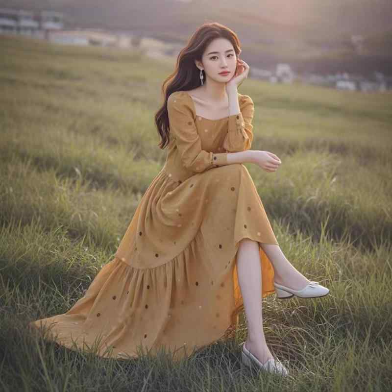 花柄ワンピース レディース 秋冬 長袖 小花柄 きれいめ シフォン 秋 婦人服 2024年の 新型の 汚い オレンジ色の 長袖の ワンピースのの 美しい 香りの 風の 優しい フランスの ロング スカート