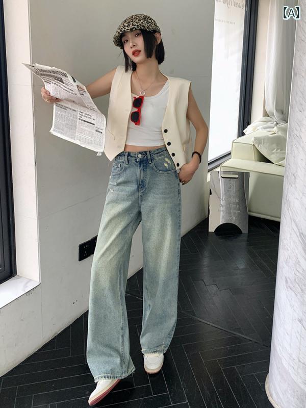 デニム パンツ レディース 体型カバー 美脚 女性用 クロスボーダー ストレート ジーンズ で クールな アメリカン レトロ ファッション ほつれ ハイウエスト スリム デニムロングパンツ