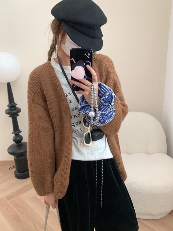 ニットカーディガン レディース 秋 ゆったり ランタンスリーブ 透け 粗編み 柔らか リラックス スタイル 軽量 伸縮性
