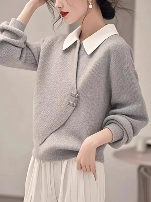 ニット カーディガン 女性用 秋冬 グレー ポロ襟 フェイクツーピース 韓国 高級感 暖かみ 柔らか素材 レイヤード 日常使い スタイリッシュ トップス