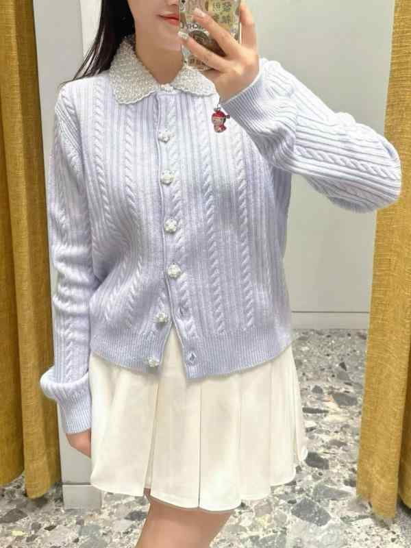 ニットカーディガン レディース 長袖 ブルー パールネック ツイスト 伸縮性 軽量 ファッション トップス 春夏