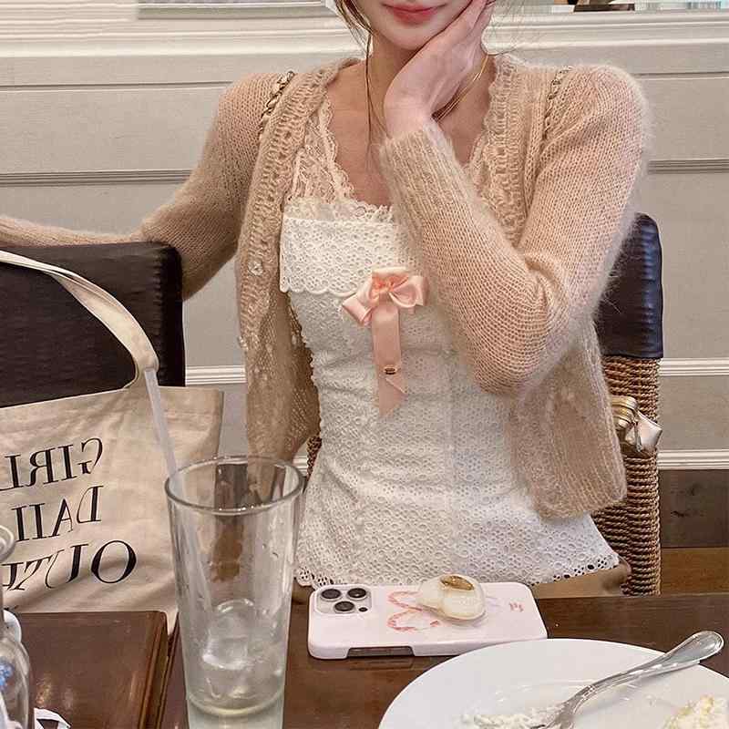 カーディガン レディース 春 クロシェ ニット シルク フェミニン 軽量 室内用 優しい 甘美 柔らかい 素材 伸縮性 通勤 普段使い