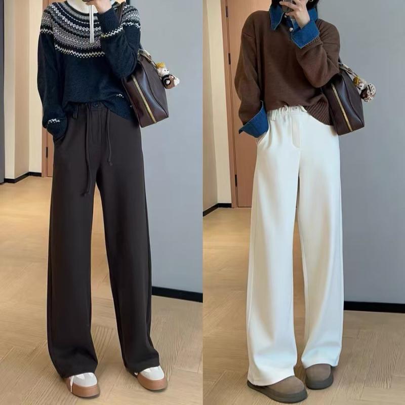 レディース ハイウエスト ワイドレッグパンツ ストレートシルエット 厚手フリース 暖か ゆったり感 カジュアル 秋冬 普段使い 室内着 ソフト素材 リラックススタイル｜バランスケア　店