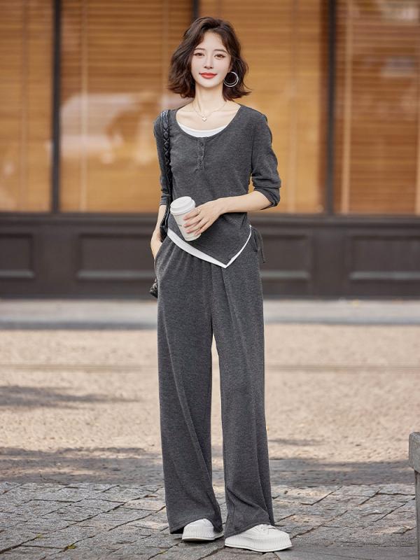 レディース 秋 ニット フェイクツーピース トップス ワイドレッグ パンツ セット カジュアル 普段使い 暖かみ 柔らかい 素材