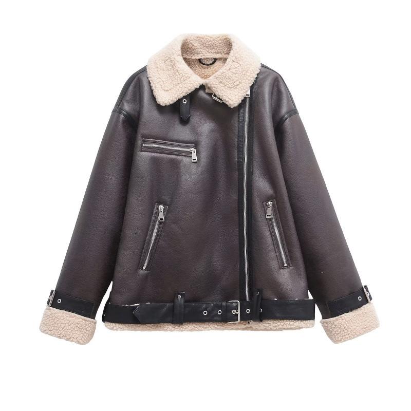 ジャケット 秋冬 ファー付き 合成レザー フィット カラー ジッパー 暖か 保温 軽量 カジュアル デイリー アウター オーバーコート ビッグシルエット