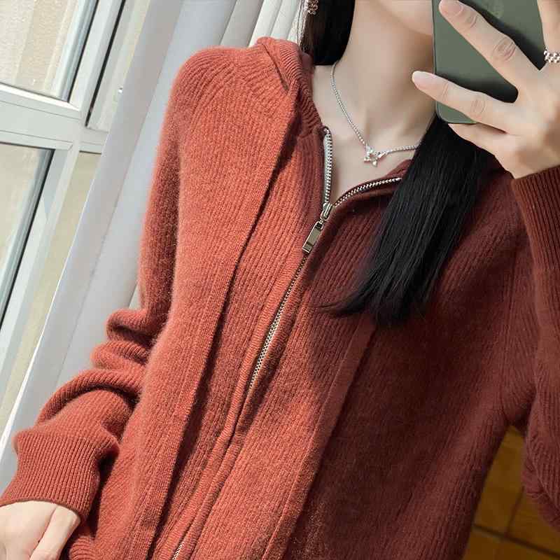 レディース 秋冬 フード付き カシミヤ ニット カーディガン 羊毛100% ジッパー ゆったり フィット 暖か アウター トップス セーター 軽量 伸縮性