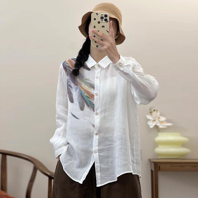 レディース ラミー 長袖 ブラウス プリント柄 折り襟 ゆったり シルエット スリム 効果 通気性 軽量 繊維 カジュアル トップス スタイリッシュ x2