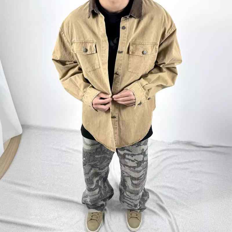 メンズ シャツ ジャケット アメリカン ワーク コントラストカラー ビンテージ ワッシュド キャンバス コットン ヘビーウェイト ユニーク スタイル