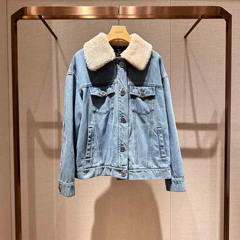 秋冬 レディース 毛皮襟  レトロ ウォッシュド ジーンズ 上衣 ゆったり影ぼうし 心地よい アウター ビンテージスタイル 今めかしい  デニム出どころ 日常使い走り 優しいこと 特殊 座標