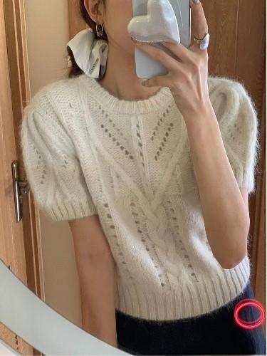 レディース 春夏 ニット トップス レトロ クロシェ 花柄 丸首 短袖 ゆったり シルエット スリム 効果 ソフト タッチ カジュアル スタイル 軽やか 通気性 フェミニン