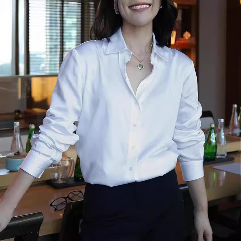 プルオーバー 白 長袖 通い用 か細い相応う パステル色の光輝 繻子 ボディコンシャス トップス 修身 ?・覧成り行き シャツ・ブラウス-トップス