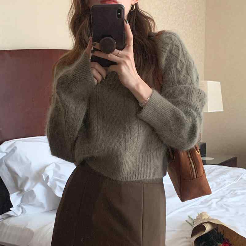 秋冬 女性用 ニットセーター 保暖 ケーブル編み ラウンドネック プルオーバー 韓国 シンプル 上品 暖か素材 トップス インナーx2